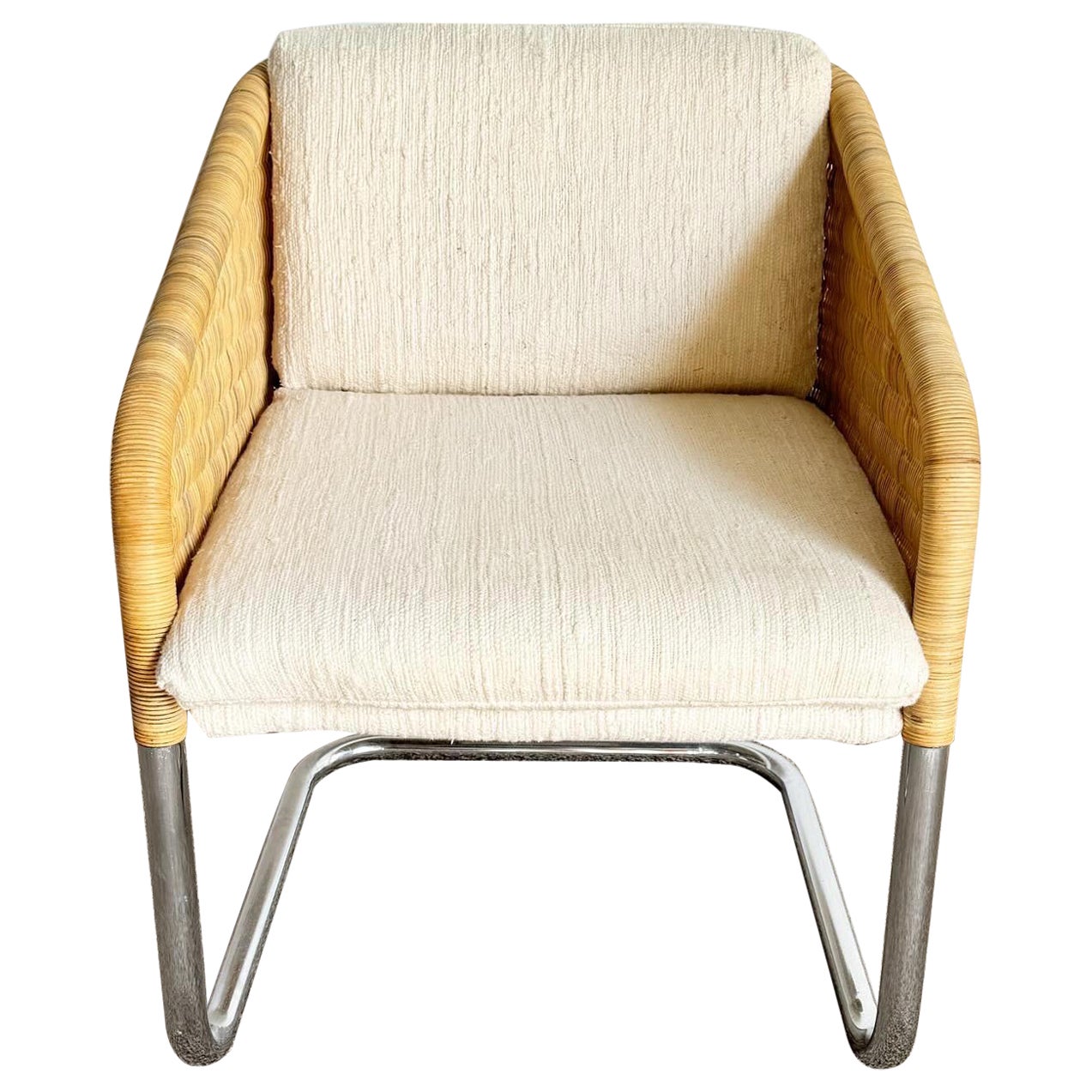 Mid Century Modern Boho Chrome and Wicker Cantilever Arm Chair For Sale