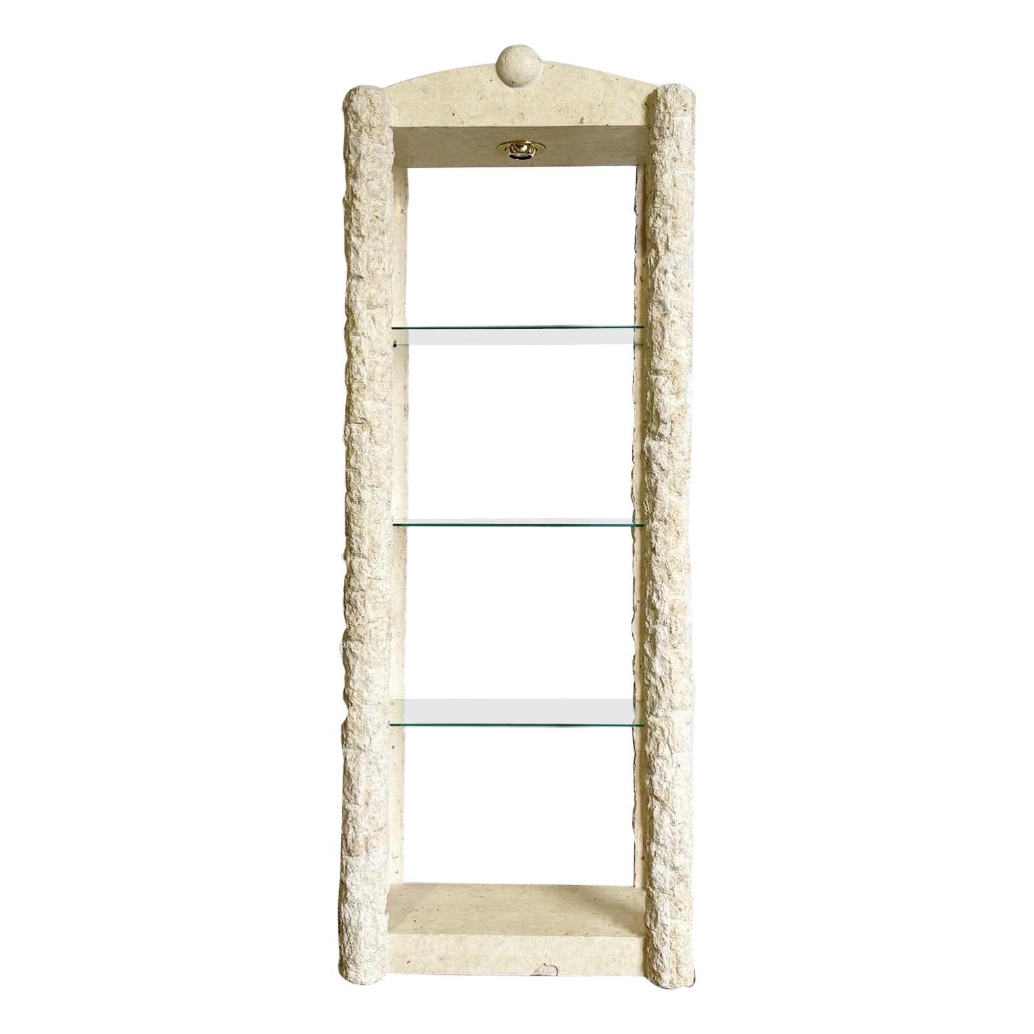 Postmodern Tessellated Stone Glass Shelf Etagere With Light