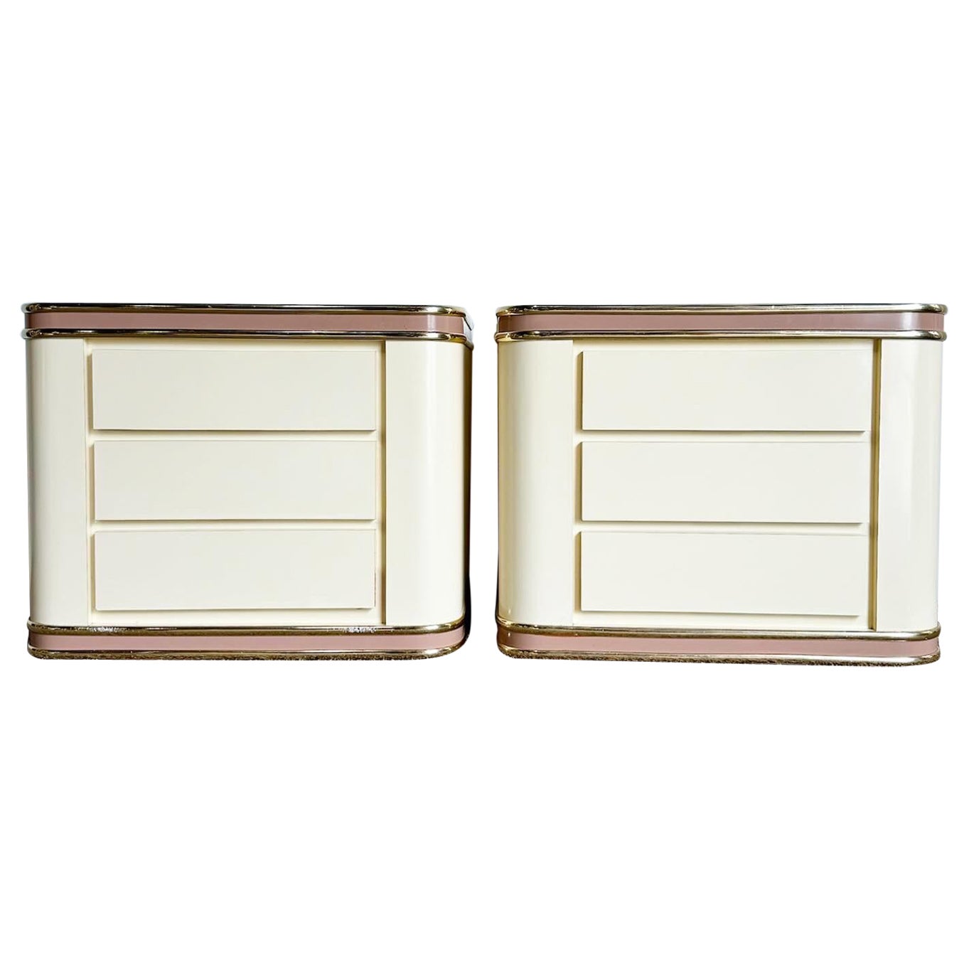 Postmodern Cream and Pink Lacquer Laminate Nightstands With Good Trim For Sale