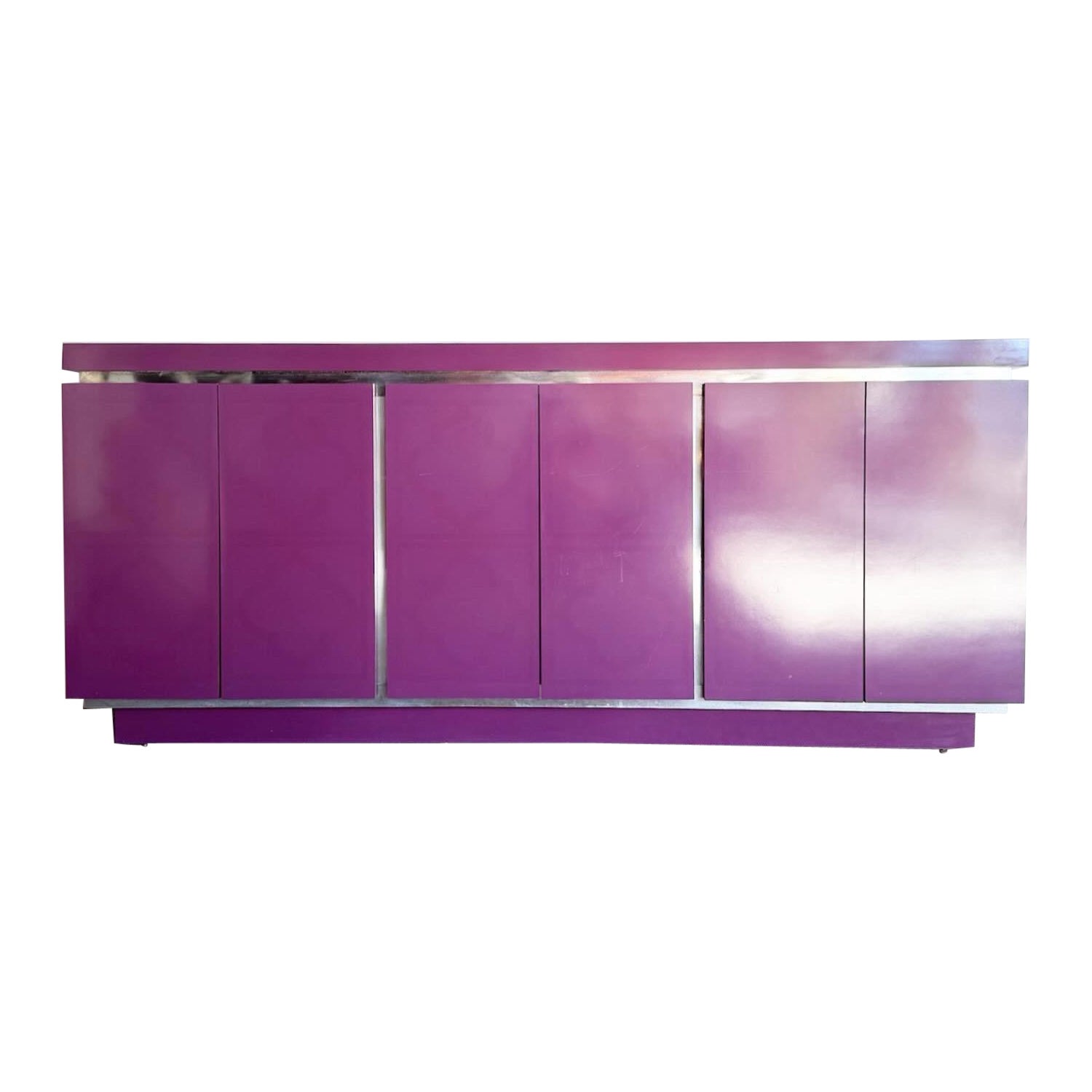 Postmodern Purple Lacquer Laminate and Brushed Metal Credenza
