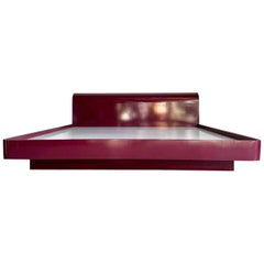 Vintage Postmodern Maroon Lacquer Laminate King Size Platform Bed and Headboard
