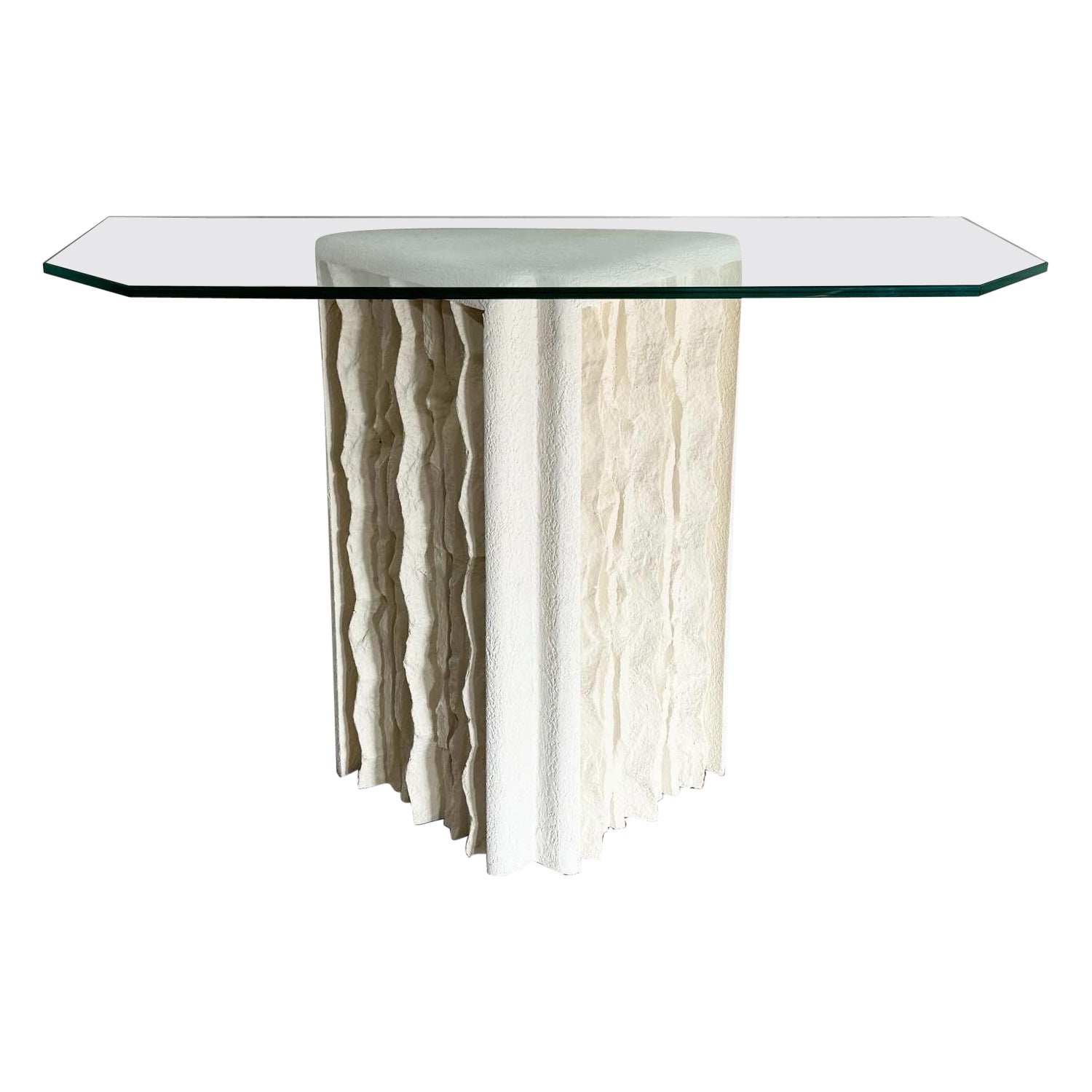 Postmodern Cast Plaster Glass Top Console Table For Sale