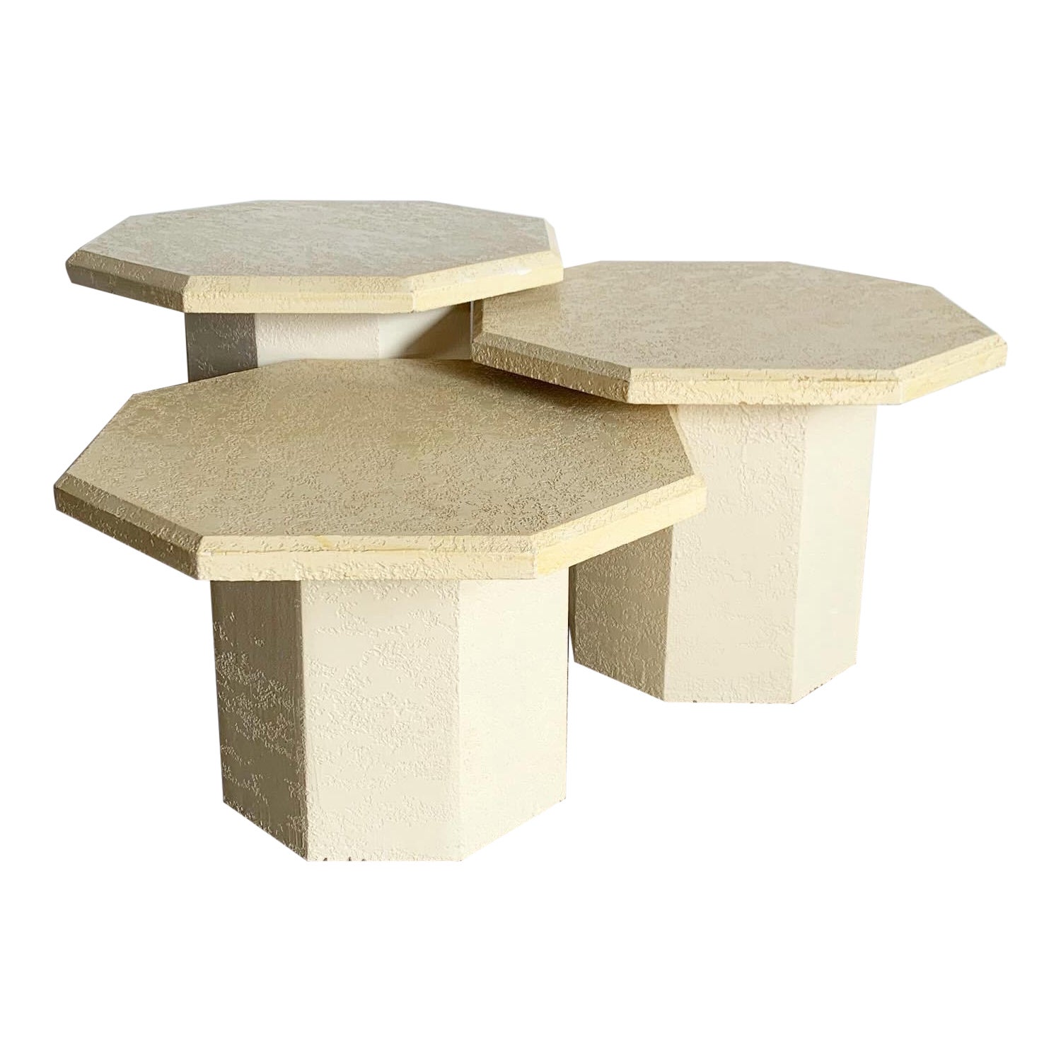Postmodern Cream Octagonal Faux Stone Mushroom Nesting Tables - Set of 3 For Sale