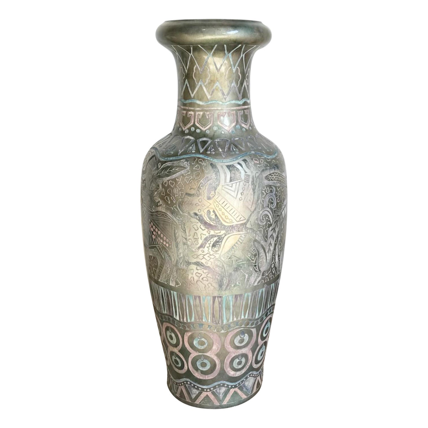 Postmodern Hand Painted and Carved Large Floor Vase