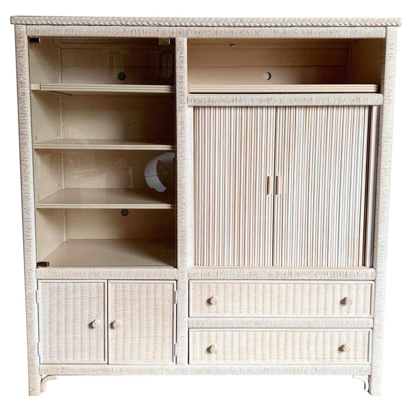 Boho Chic White Washed Wicker Rattan Henry Link Armoire Etagere by Lexington For Sale