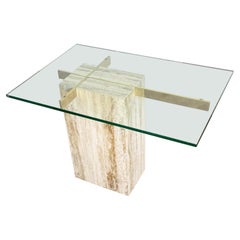 Vintage Postmodern Glass Top and Gold Travertine Side Table