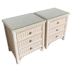 Boho Chic White Washed Wicker Rattan Henry Link Nightstands by Lexington