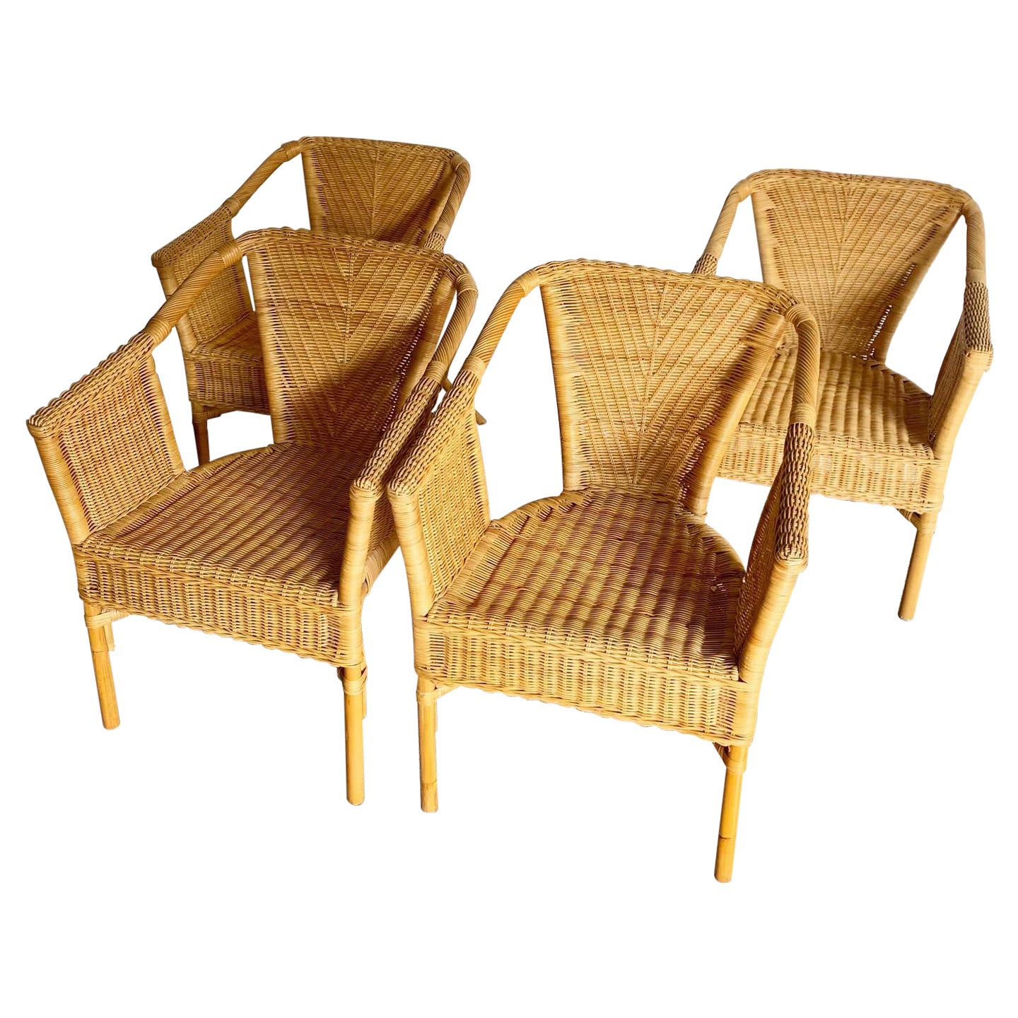 Boho Chic Wicker and Rattan Dining Arm Chairs - Set of 4 For Sale