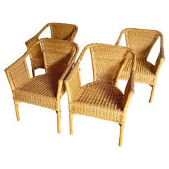 Boho Chic Wicker and Rattan Dining Arm Chairs - Set of 4