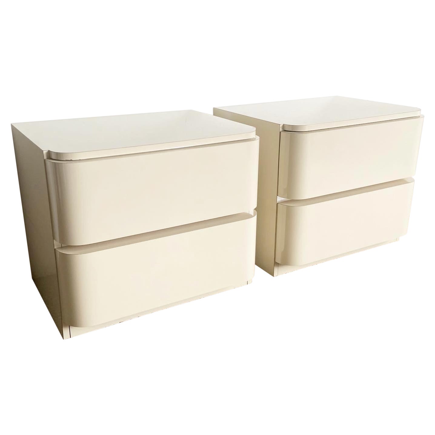 Postmodern Stormtrooper Ivory Lacquer Laminate Nightstands - a Pair