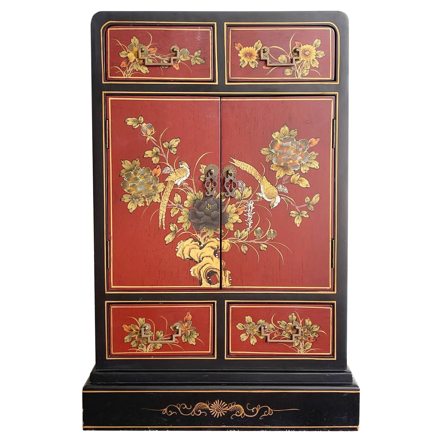 Chinese Hand Painted Red and Black Waterfall Cabinet For Sale