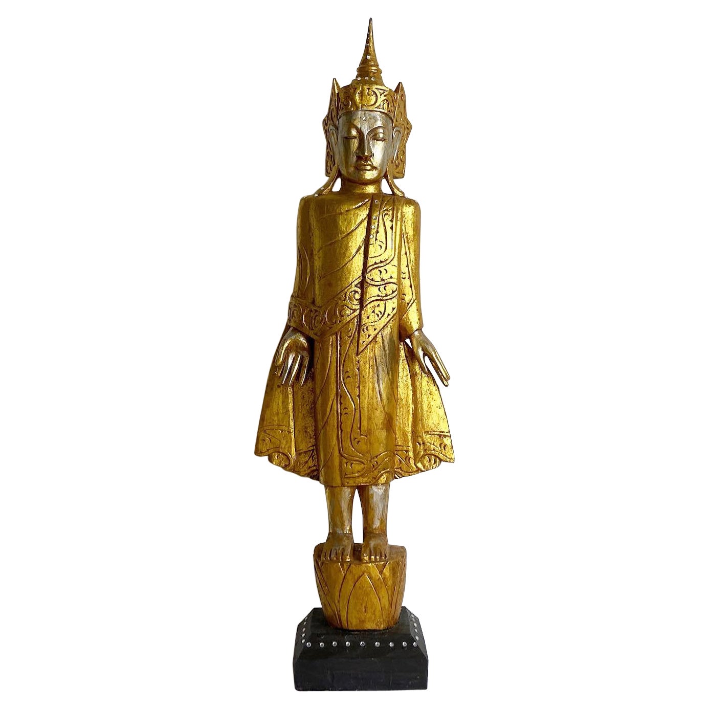 Asiatische handgeschnitzte goldene Buddha-Skulptur/Statue aus vergoldetem Holz