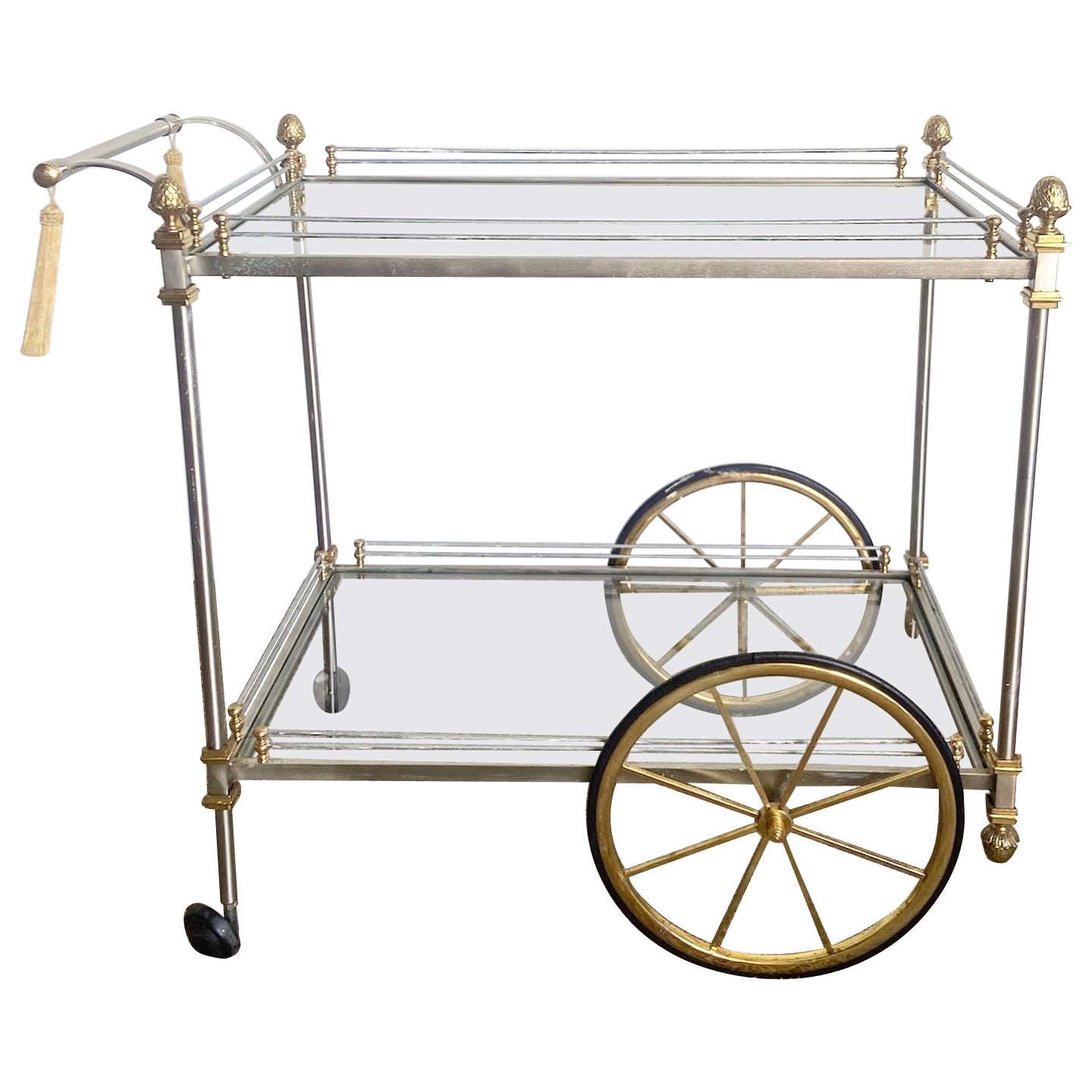 Regency Gold Silver and Glass Two Tier Bar Cart For Sale