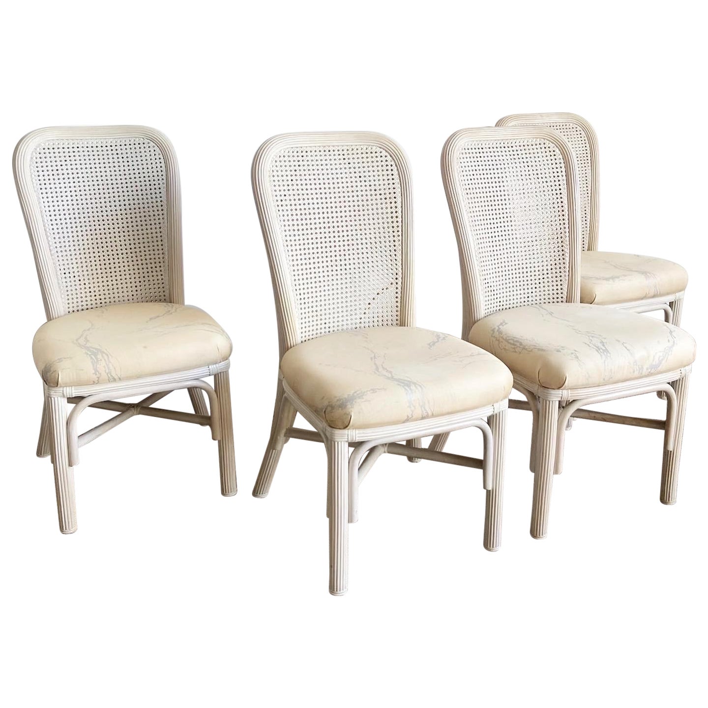 Boho Chic Pencil Reed Cane Back Dining Chairs - Set of 4 For Sale