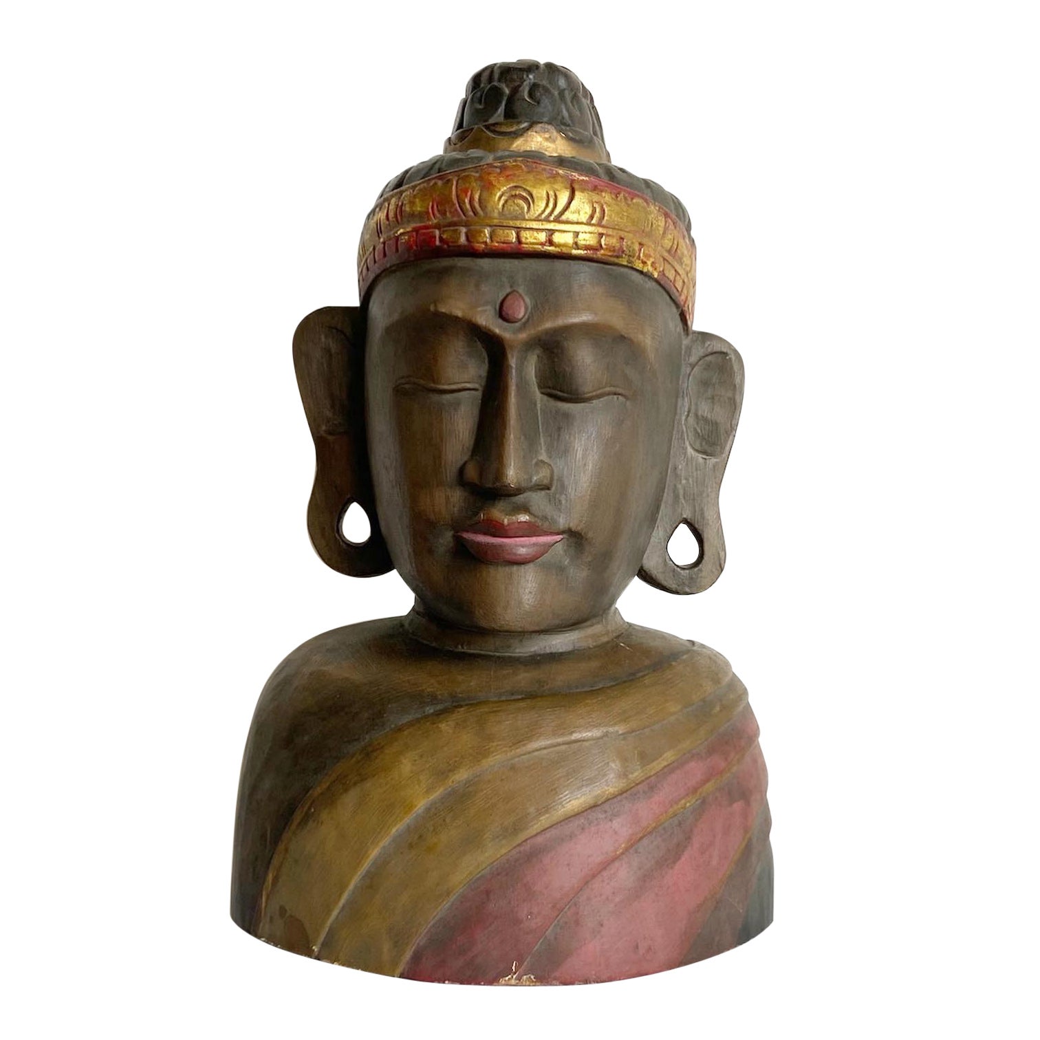 Hand Carved Wooden Buddha Head Bust Statue Sculpture For Sale