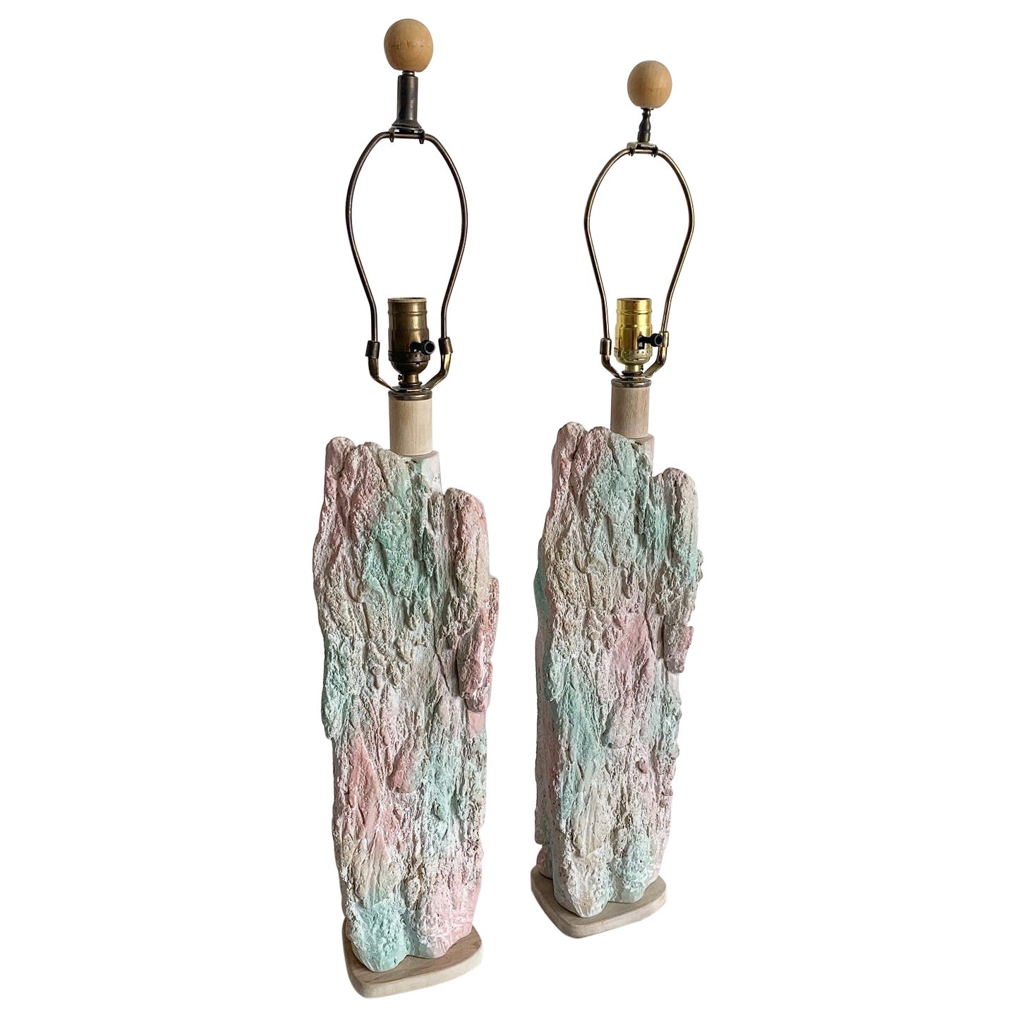 Postmodern Brutalist Pink and Green Faux Stone Three Way Table Lamps - a Pair For Sale
