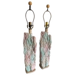 Postmodern Brutalist Pink and Green Faux Stone Three Way Table Lamps - a Pair