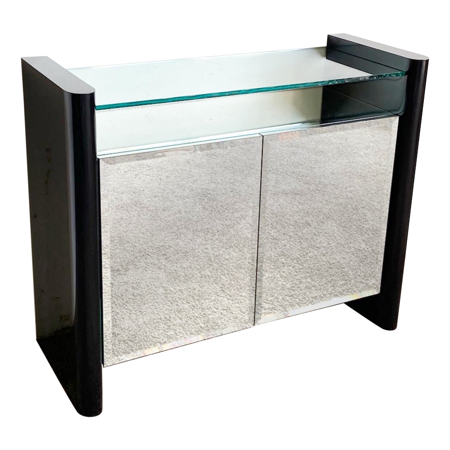 Postmodern Black Lacquer Laminate Mirrored and Glass Credenza