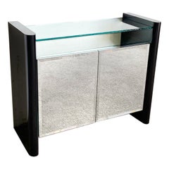 Vintage Postmodern Black Lacquer Laminate Mirrored and Glass Credenza