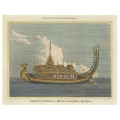 Original Antique Print of The Royal Golden Barge, Myanmar (Burma), C.1795