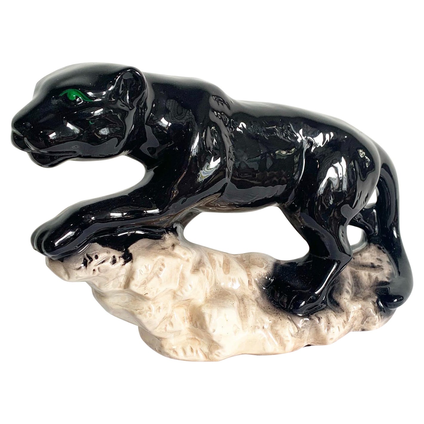 Postmodern Black Gloss Ceramic Panther Sculpture For Sale