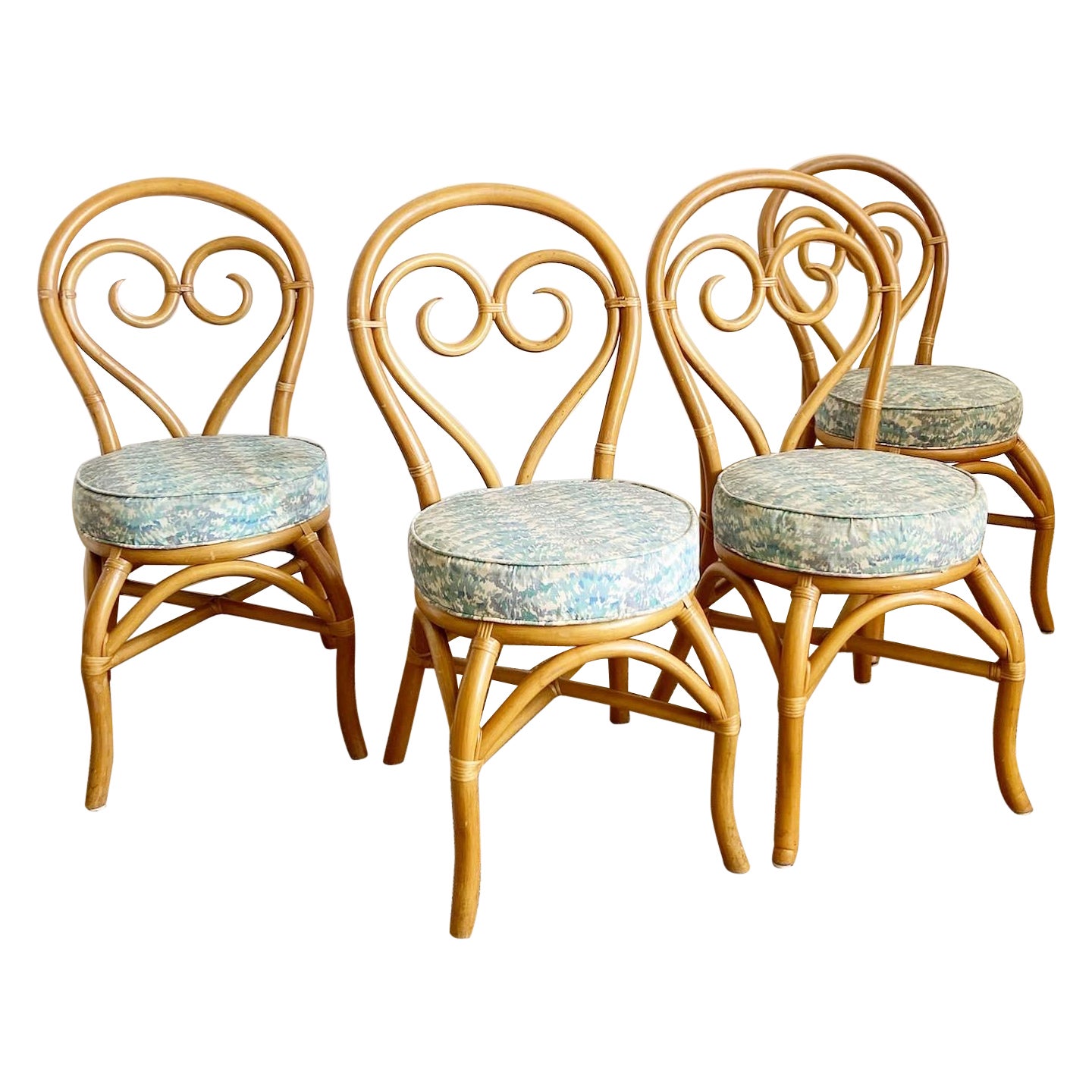 Boho Chic Bent Bamboo Rattan Heart Back Dining Chairs - Set of 4 For Sale