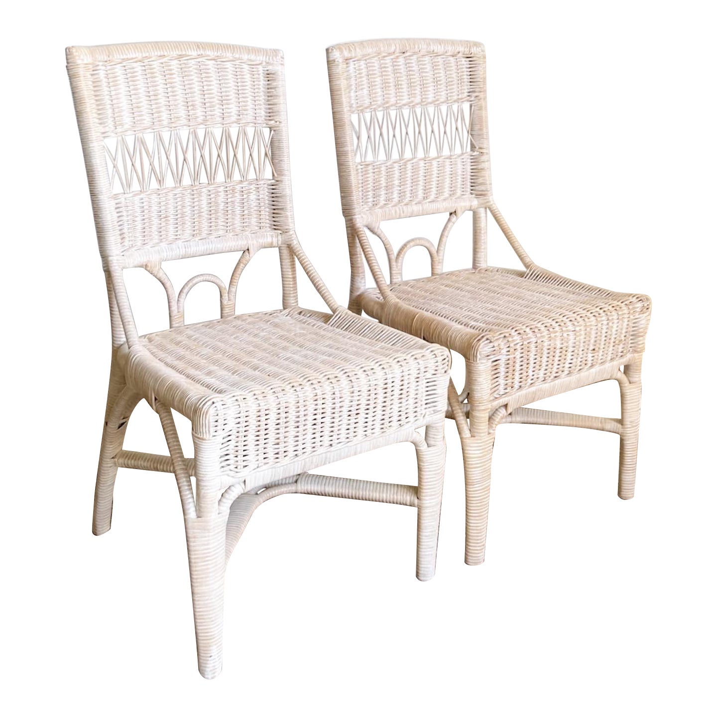Boho Chic White Washed Wicker Rattan Side Chairs - a Pair For Sale