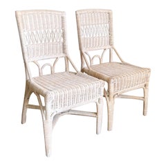 Vintage Boho Chic White Washed Wicker Rattan Side Chairs - a Pair
