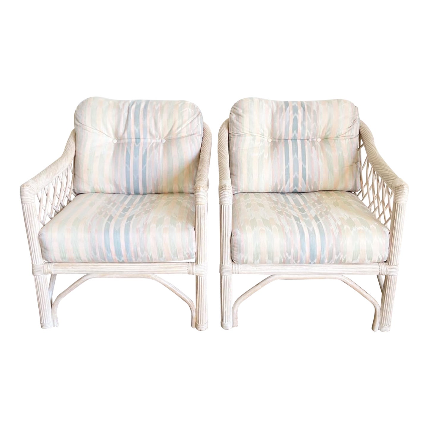 Boho Chic Rattan and Pencil Reed Arm Chairs by Henry Link - a Pair For Sale
