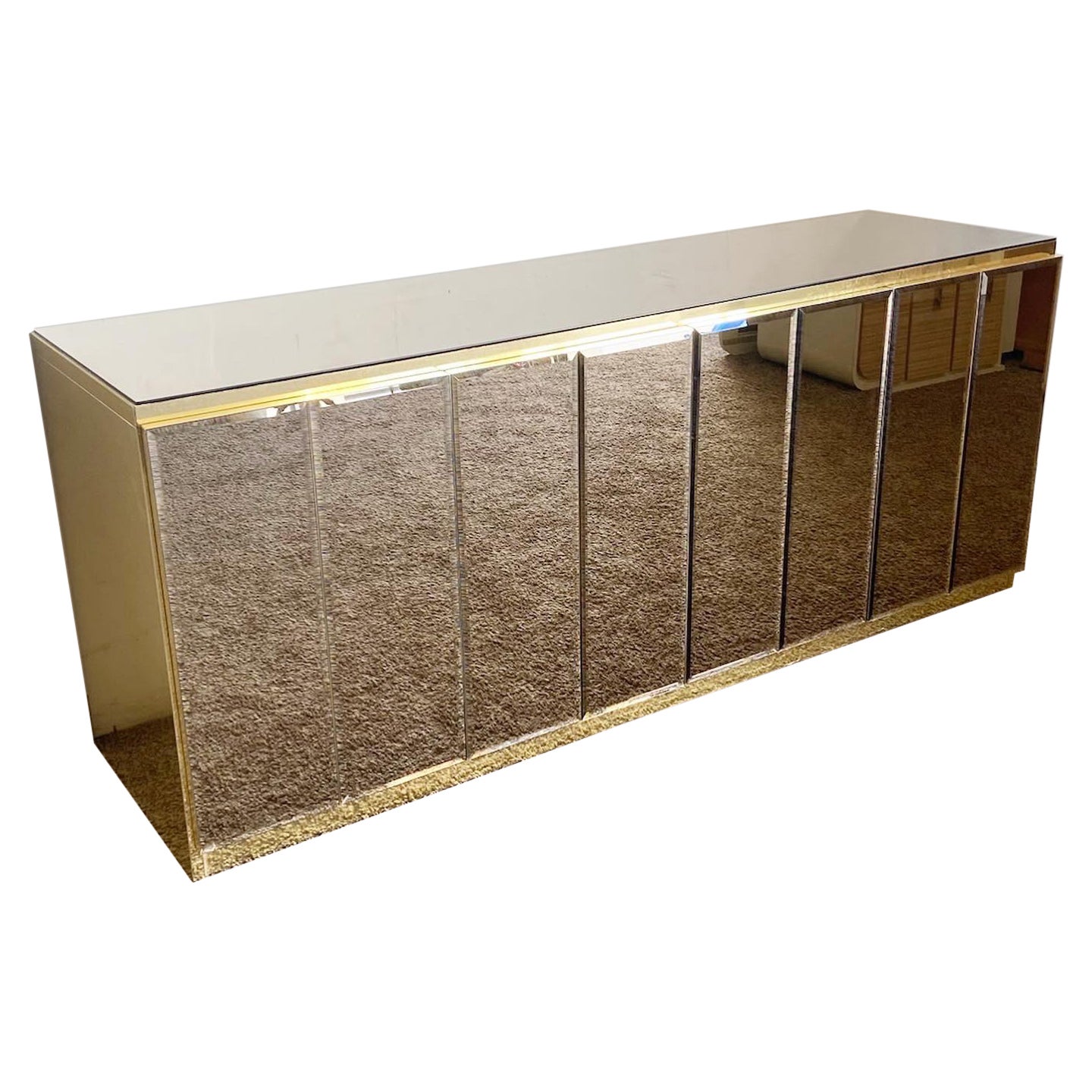 Postmodern Smoked Beveled Mirror and Gold Credenza