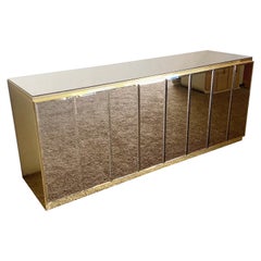 Postmodern Smoked Beveled Mirror and Gold Credenza