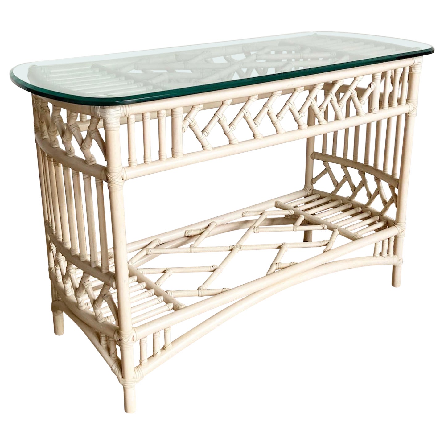 Boho Chic Bamboo Rattan Glass Top Console Tables by Ficks Reed For Sale