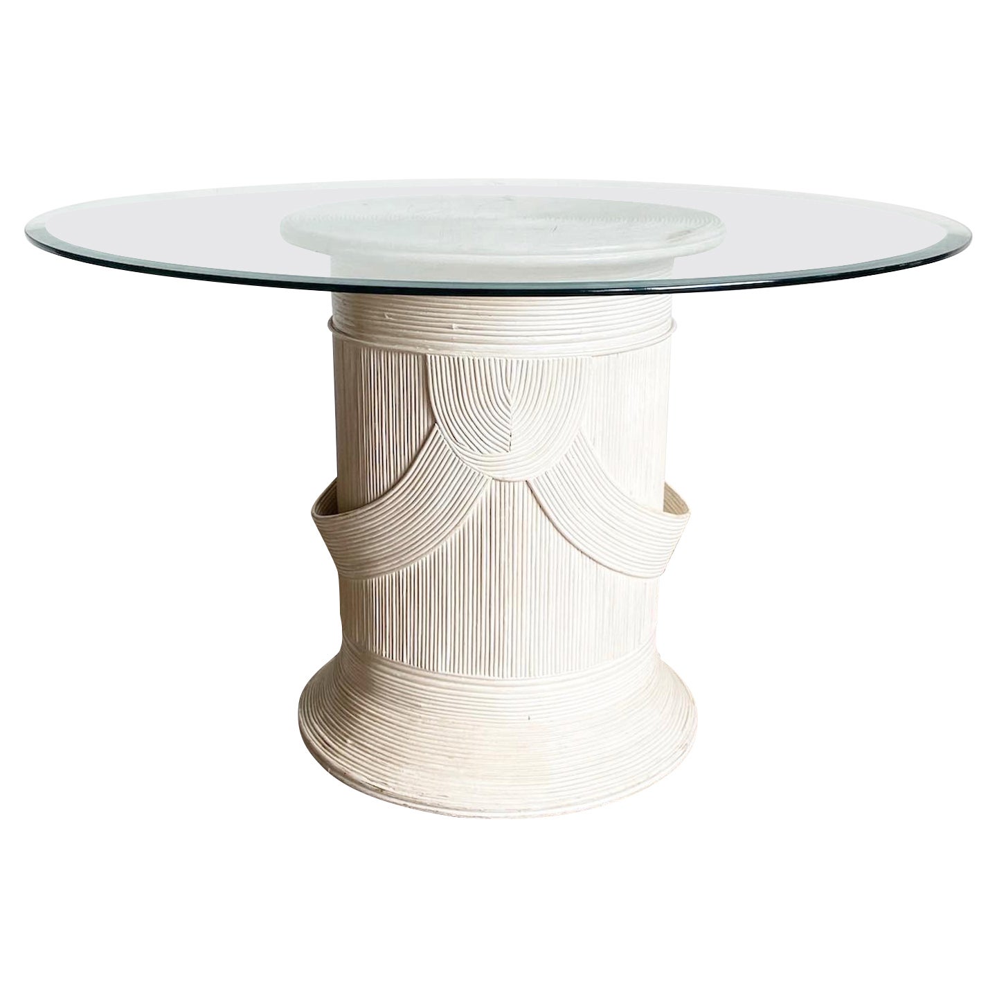 Boho Chic Pencil Reed Pedestal Circular Glass Top Dining Table For Sale