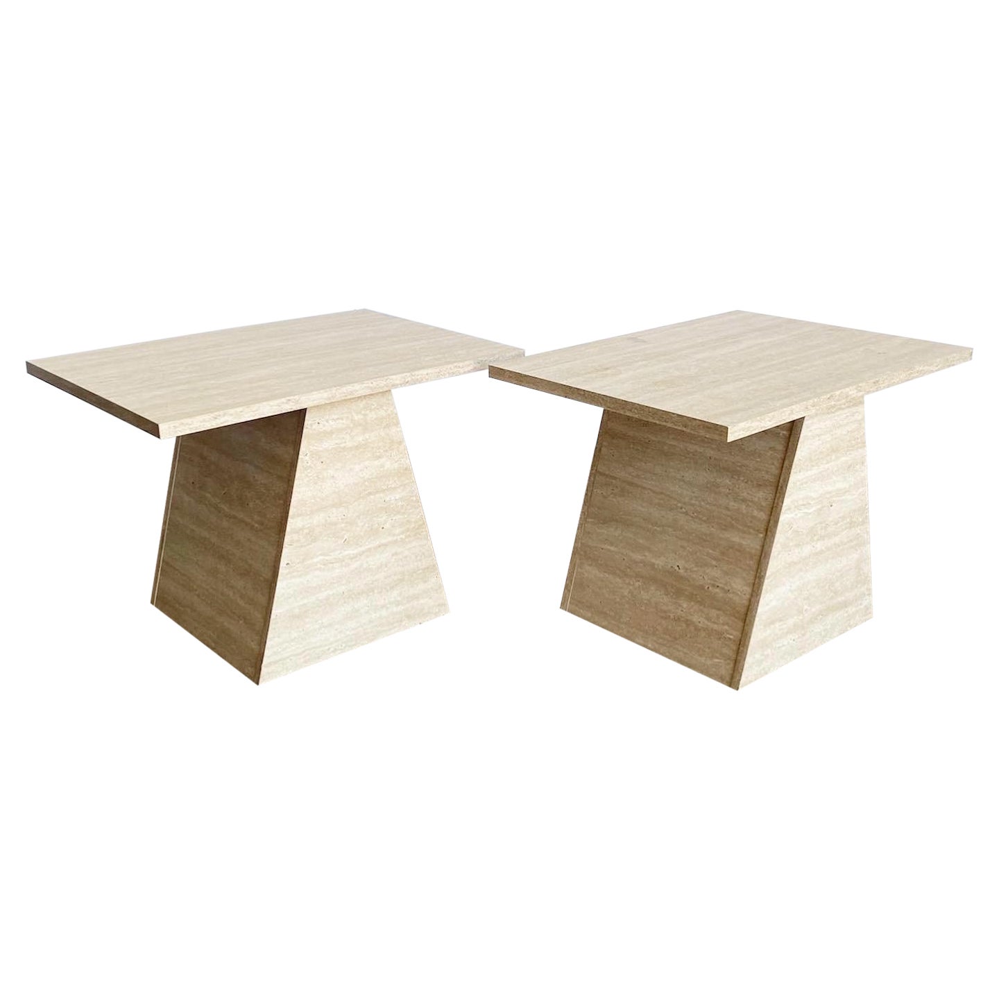 Postmodern Faux Travertine Laminate Side Tables - a Pair For Sale