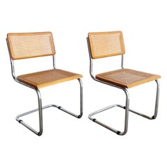 Vintage Mid Century Modern Cane and Chrome Cantilever Dining Chairs - a Pair
