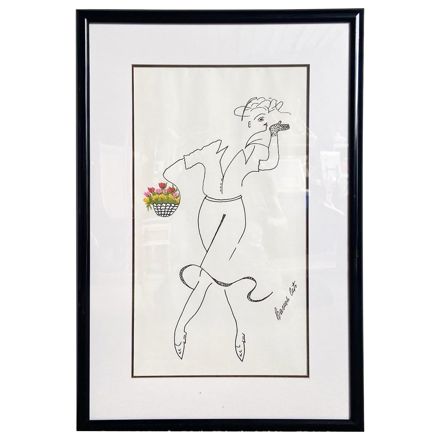 Lady With a Basket Framed and Signed by Baruch Cats For Sale