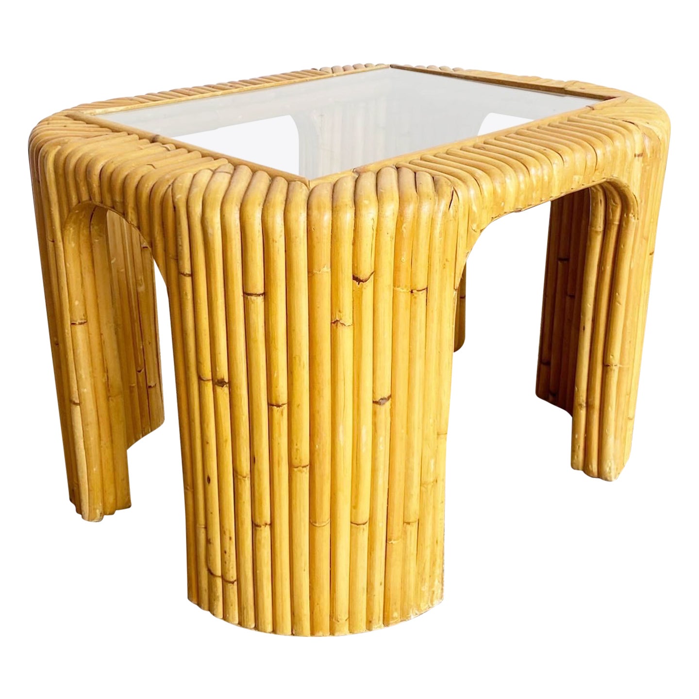 Boho Chic Split Bamboo Glass Top Side Table For Sale