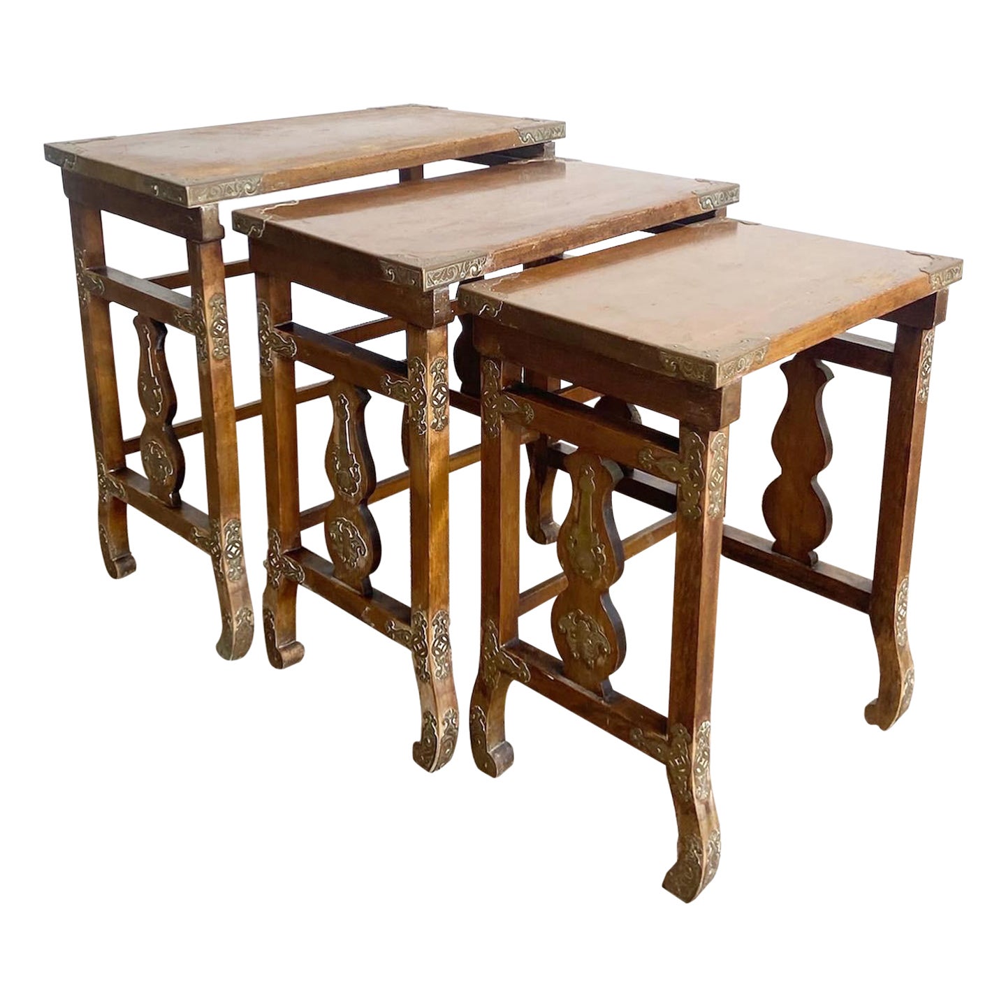 Japanese Wooden Nesting Tables With Brass Accents - Set of 3 For Sale