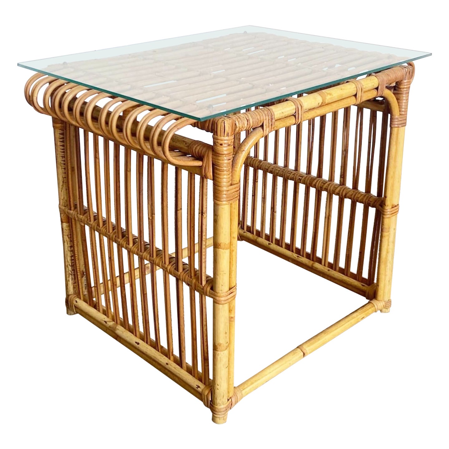 Boho Chic Bamboo Glass Top Side Table For Sale