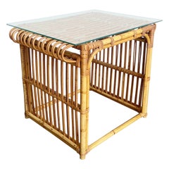 Vintage Boho Chic Bamboo Glass Top Side Table