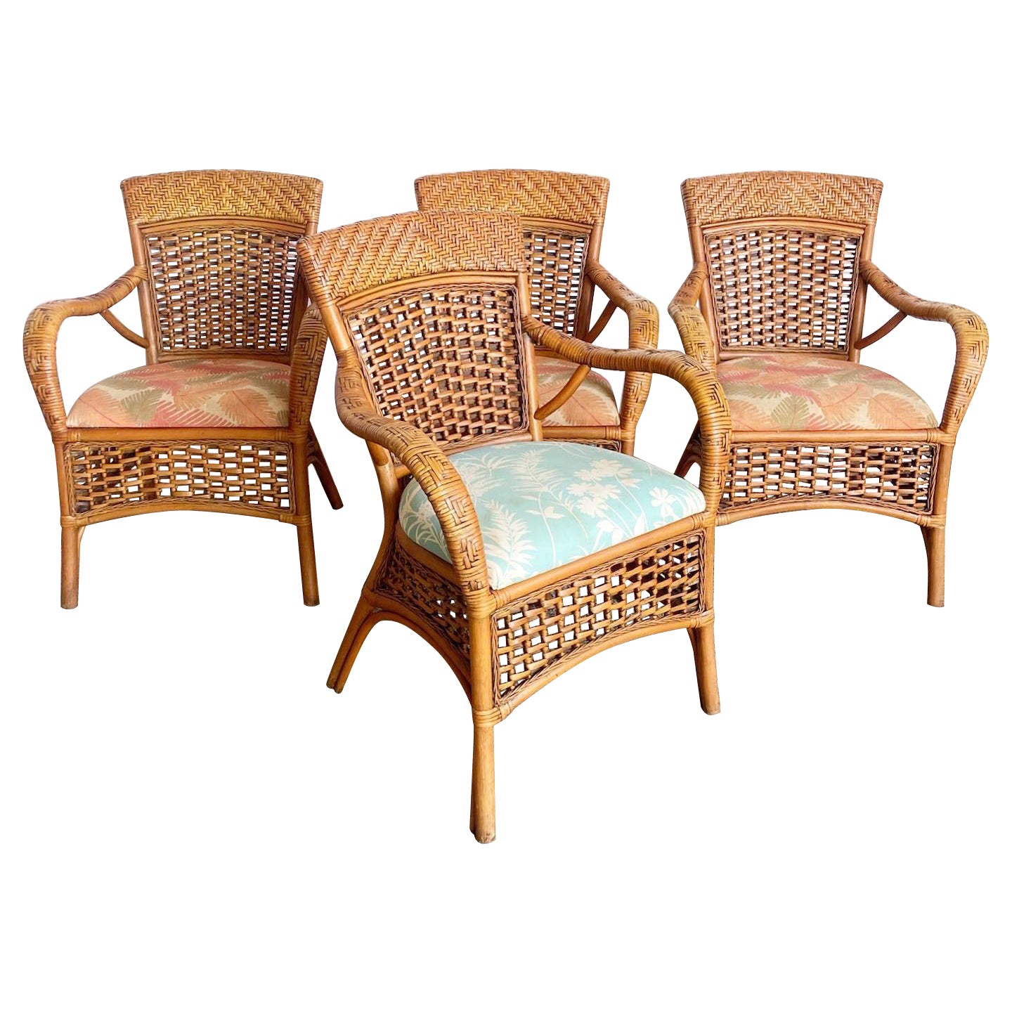 Boho Chic Bamboo Rattan and Wicker Dining Arm Chairs For Sale