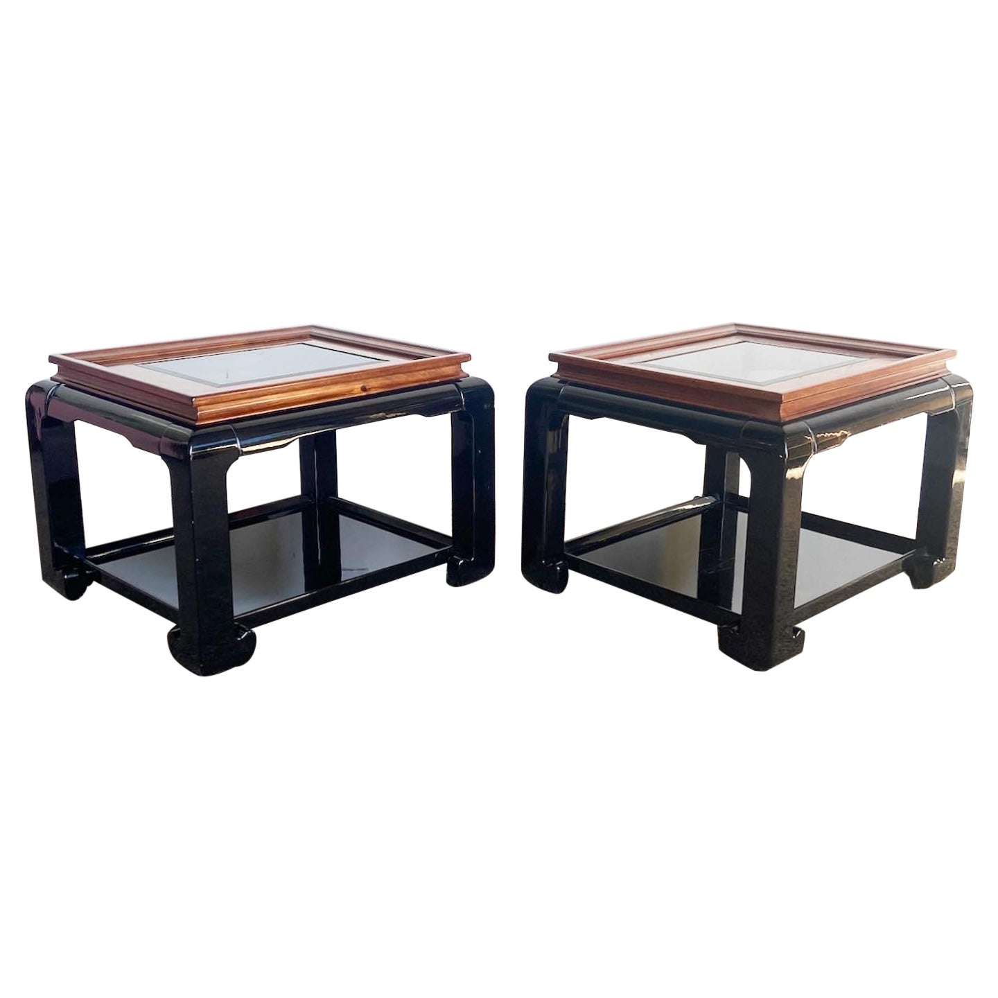 Chinoiserie Black Lacquered and Burl Wood Glass Top Side Tables - a Pair For Sale