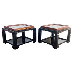 Chinoiserie Black Lacquered and Burl Wood Glass Top Side Tables - a Pair