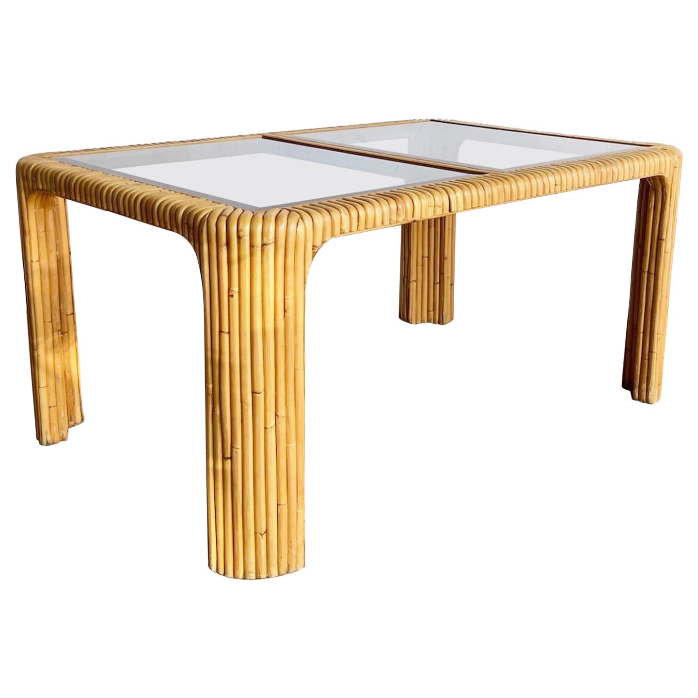 Boho Chic Split Bamboo Smoked Glass Top Dining Table For Sale
