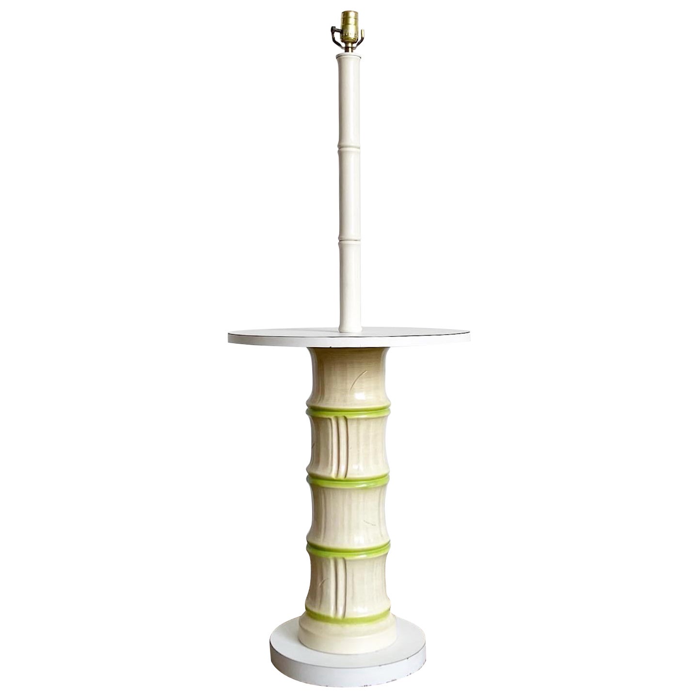 Regency Faux Bamboo Ceramic and Wood Floor Lamp/Side Table For Sale