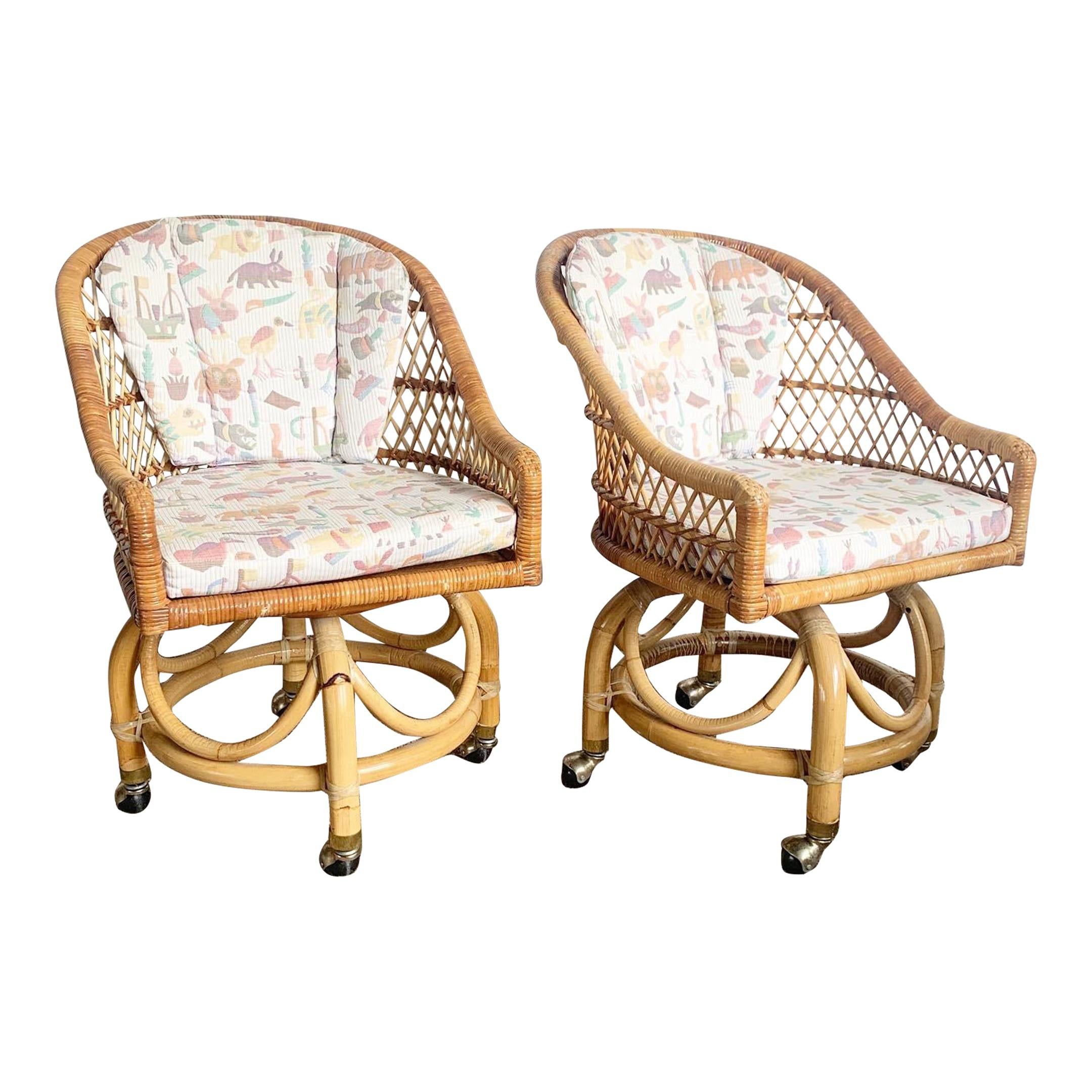 Boho Chic Buri Rattan Swivel Dining Chairs With Multi Color Animal Upholstery