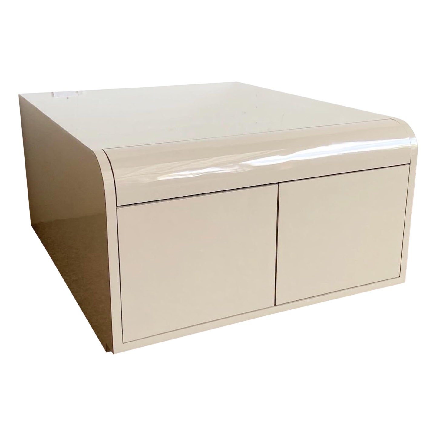 Postmodern Tan Lacquer Laminate Low Waterfall Table Cabinet For Sale