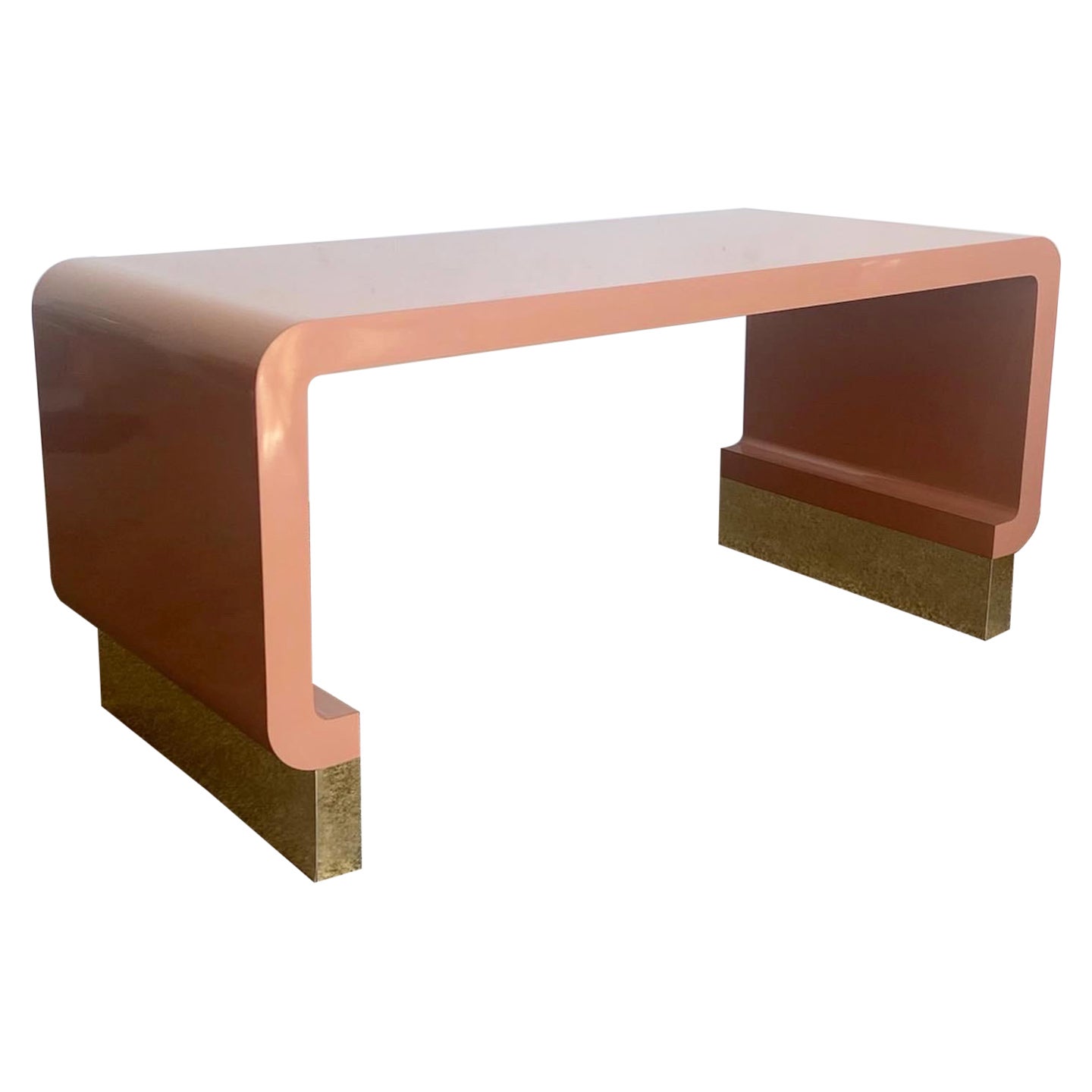 Postmodern Salmon Lacquer Laminate Waterfall Desk With Gold Base For Sale