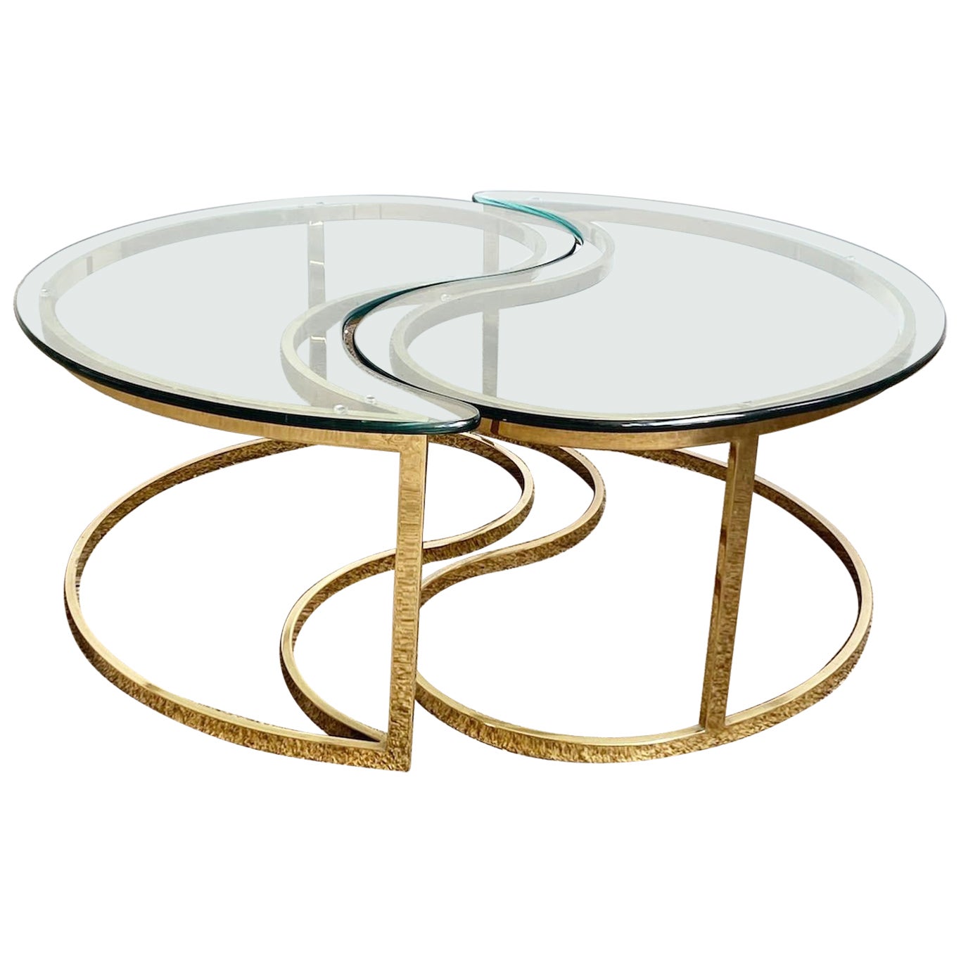 Hollywood Regency Golden Tear Drop Glass Top Coffee Table Set - a Pair
