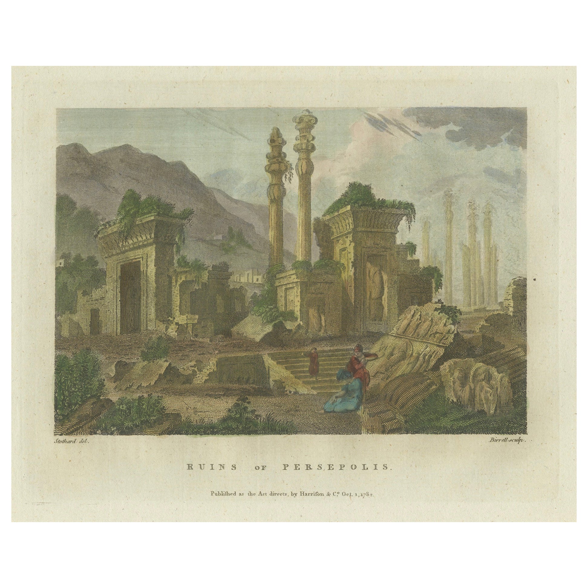 Farbige Gravur der antiken Ruinen von Persepolis in Persien (Iran), 1782 